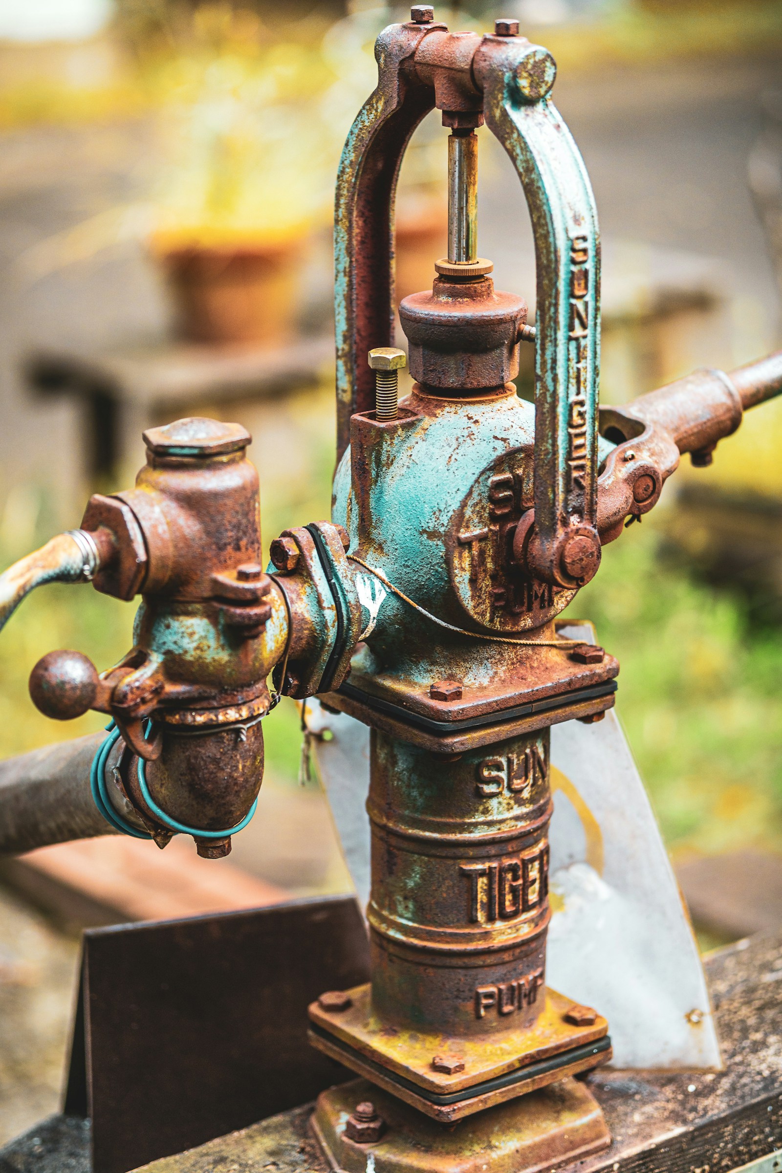 A rusted cast-iron hand pump on a private well